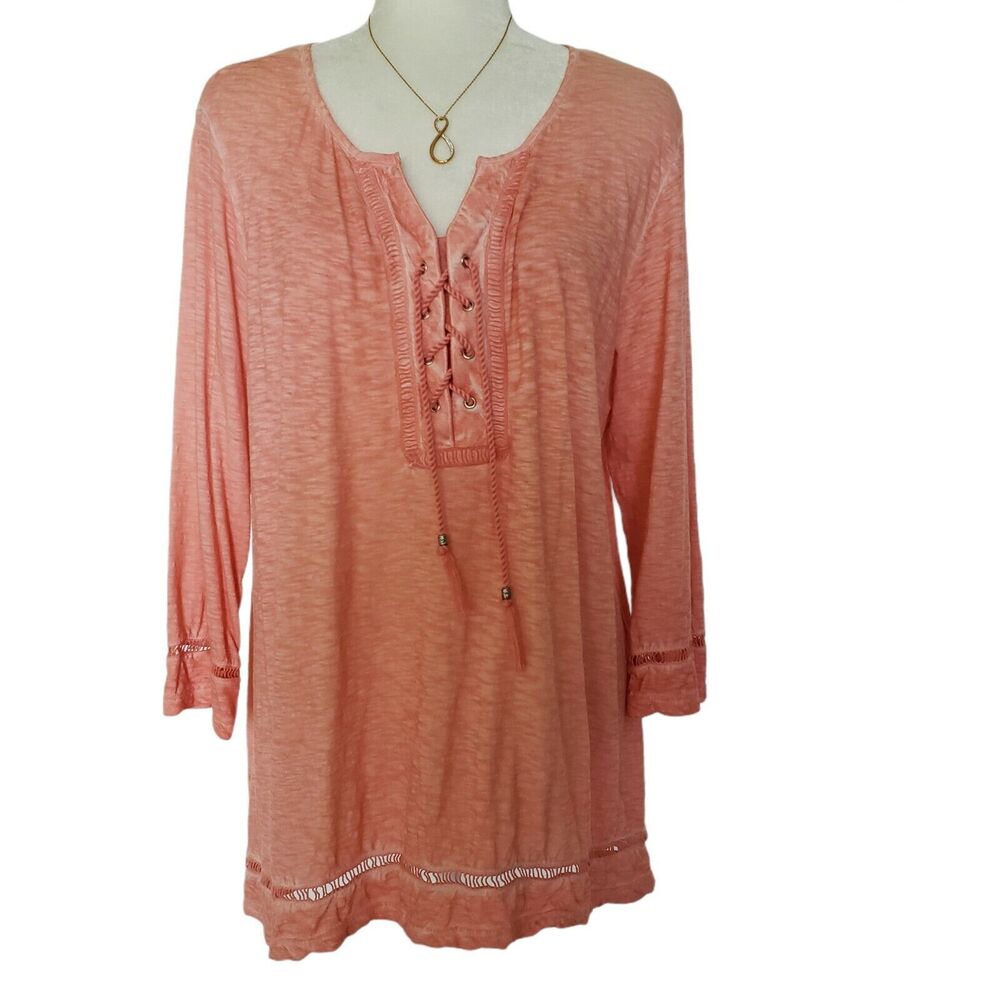 Style & Co Pullover Blouse Womens Plus Size 0X Peach Lace Up V-Neck‎ Tunic Top